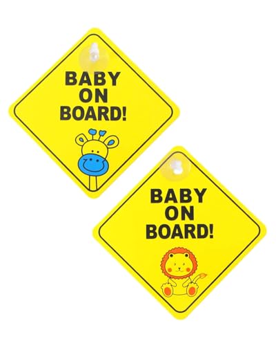 FUGLUS 2 peças sinais de alerta de bebé a bordo, 12 x 12 cm, sinal de segurança para carro com dupla ventosa, decalque de bebé a bordo para janela de carro, reutilizável (girafa leão)
