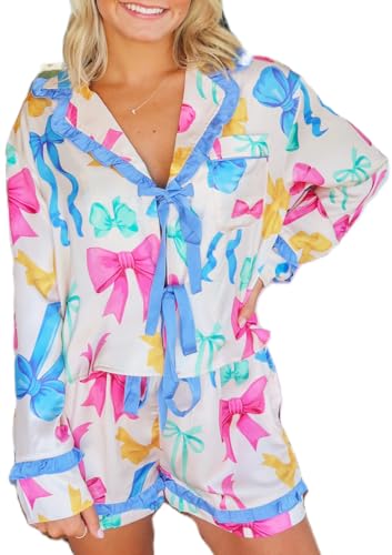 Image of Yiulangde Valentines Heart Bow Pajamas for Women Silk Satin Ruffle Shorts Pjs Tie Front Long Sleeve Shirts Pajamas with Bows
