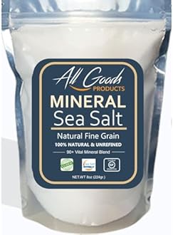 All Goods Products Mineral Sea Salt – Fine Grain, 8 oz, 100% Natural, Hand-Harvested, Loaded with 90+ Essential Minerals, 30% Less Sodium, Kosher, Unrefined.