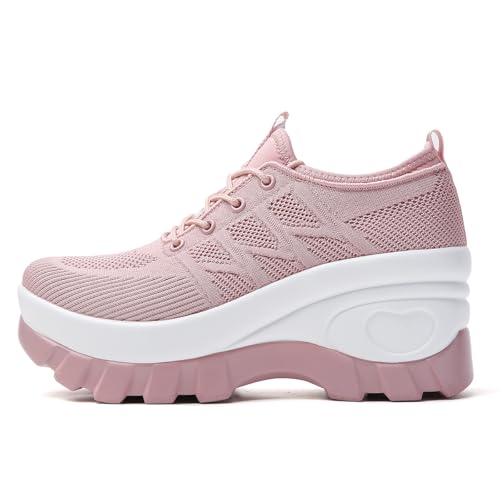 Image of Women's Chunky Platform Comfort Orthopedic Wedge Walking Shoes Fashion Knitted Breathable Lace Up Lug Sole Casual Non-Slip Running Shoes with Arch Support