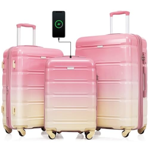 3-piece Stylish Gradient Color Suitcase Set, 20 Inches with USB Charging Port, Sturdy and Durable, Universal Wheel Design, Suitable for Various Travel Needs.