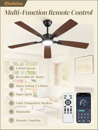 Image of Fanbulous 52 Inch Ceiling Fans with Lights and Remote, Stepless Color Temperature Change & Dimmable 20W LED Ceiling Fan, 6 Speeds Reversible Quiet DC Motor for Bedroom, Living Room, Apartment, Black