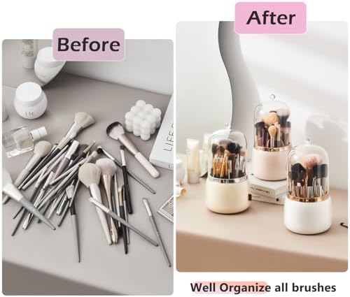 Makeup Brush Holder Organizer with Lid 360 Rotating Dustproof Makeup Brushes Organizer for Vanity (Pearl White)