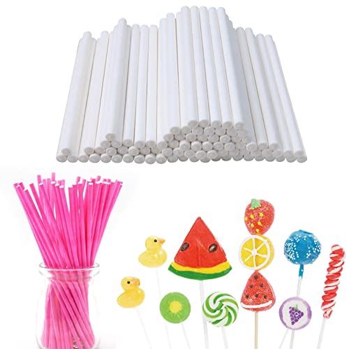 Palos De Piruleta 200 Piezas Lollipop Sticks Cake Paper Sticks Palitos De Papel Cake Pop Stick Varillas Artesanales Se Utiliza En Postres Como Fudge Caramelos Chocolates Tartas Etc Rosa Roja y Blanca Cover