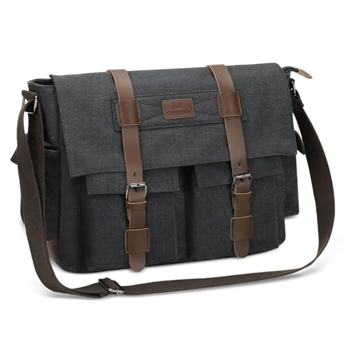 Canvas Crossbody Bag for Men and Women, Vintage Shoulder Bag with Multiple Pockets and Adjustable Strap, Fits 13 Inch Laptops, Black
