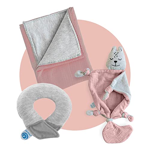 Medibino | Welcome-Box Bino für Babys mit Schmusetuch, Babydecke und Babykopfschutz gegen Kopfverformungen | Bio-Baumwolle | Geschenk zur Geburt | Rosa Cover