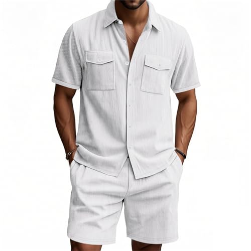 Men's Solid Color Button Up Corduroy Short Sleeves Shirt Casual Loose Fit Shorts Summer 2 Piece Shorts Set