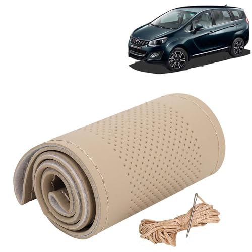 Image of KINGSWAY PU Leatherite Car Steering Cover Sewable Compatible with Mahindra Marazzo (Year 2018 Onwards), Beige Color with Beige Thread, Pack of 1 with Sewing Needle and Thread