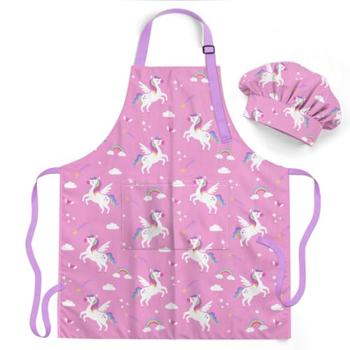 Unicorn Kid Apron for Girls with Pocket & Chef Hat Polyester Baking Painting Gardening Apron Gift for Christmas Birthday