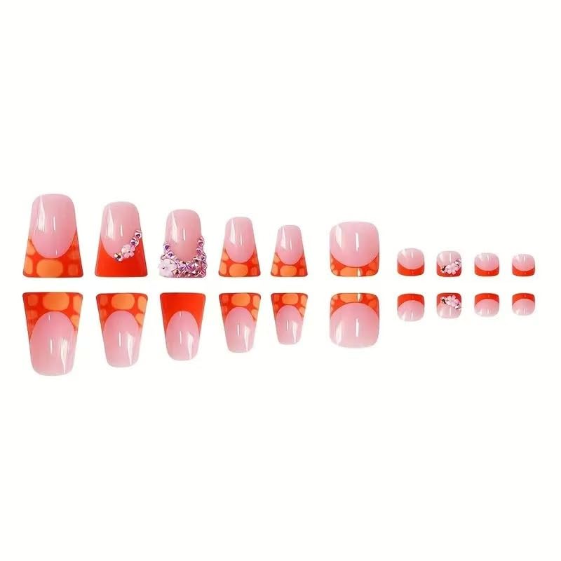 Image of 48Pcs Orange Press on Nails French Tip Press on Toenails Set Duck Fake Nails with Rhinestone Design Flower Glue on Toe Nails Glossy Artificial Acrylic Full Cover for Women Manicure