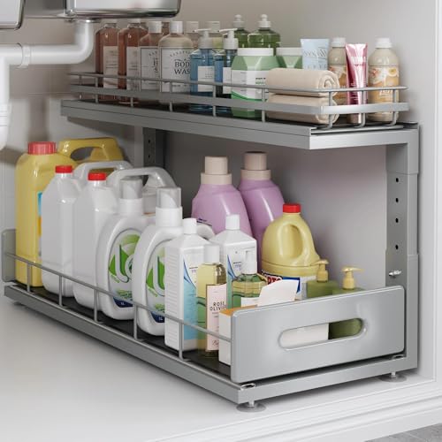 Image of Under Sink Organizer Upgrade To Professional Rails,2-Tier Dual Pull Out Cabinet Storage,Height Adjustable Slide Out Drawers For Bathroom Kitchen,1 Pack-21 inchDx12.8 inch-16.9 inchH,Gun Gray