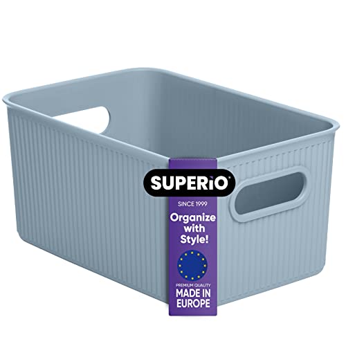 Image of Superio Ribbed Collection - Decorative Plastic Basket Open Home Storage Bins Organizer, Medium Blue (1 Pack) Container Boxes for Organizing Closet Storage Bins for Shelves Drawer Shelf 5 Liter