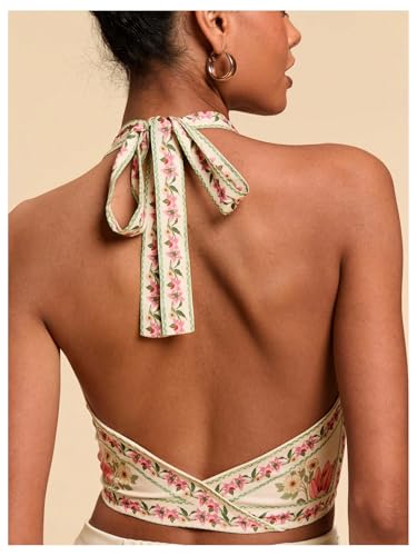 SOLY HUX Women's Floral Print Tie Front Deep V Neck Halter Crop Tops Retro Vacation Summer Vest3