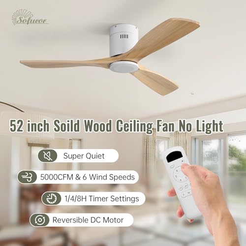 Image of Sofucor 52 Inch Low Profile Ceiling Fans No Light, Flush Mount