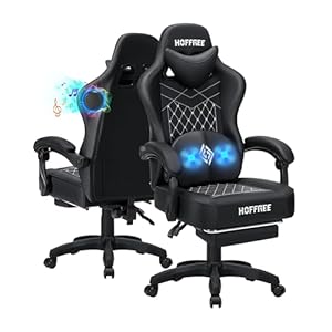 HOFFREE Gaming Chair with Bluetooth Speakers Massage Lumbar Ergonomic Computer Gaming Chair with Footrest Reclining Game Chair for Adults Black