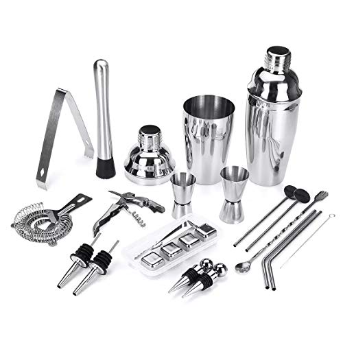 22Pcs / Set Edelstahl Cocktail Shaker Set Getränke Sieb Flaschenöffner Maker Mixer Löffel Measure Cup Bar Tool Kit