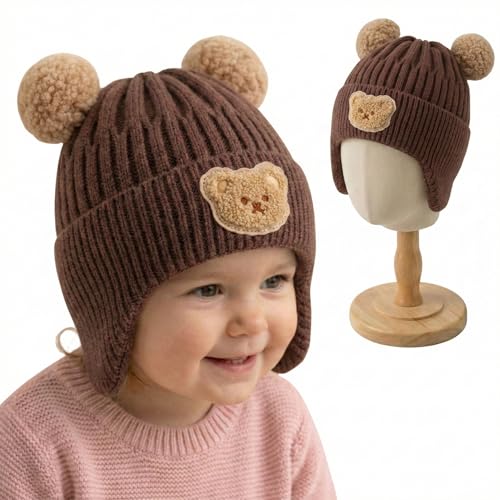 Image of Kraptick Children's Pompom Winter Warm Caps for Toddlers & Kids, Soft Knitted Beanie with Warm Earflaps, Cute Teddy Bear Design, Unisex Baby Woolen Hat-2