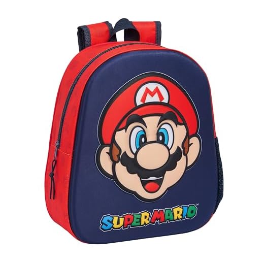 SUPER MARIO - Mochila Escolar, con Diseño 3D, Adaptable a Carro, Ideal para Niños de Diferentes Edades, Cómoda y Versátil, Calidad y Resistencia, 27x10x33 cm, Color Azul Marino/Rojo