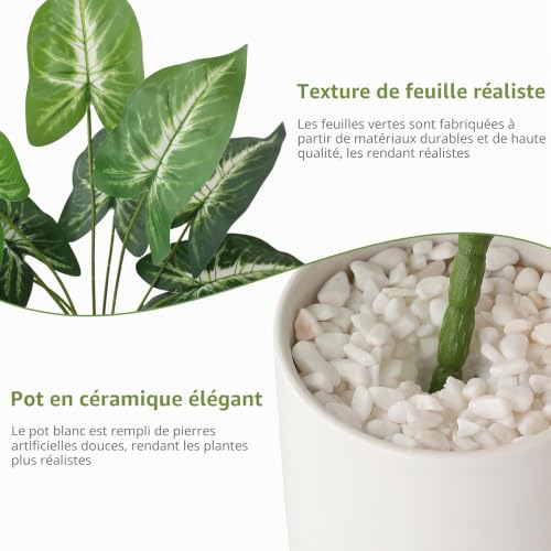 Floweroyal 2 pièces Plante Fausse en Pot en Céramique - Plantes Fausses en Pot pour Intérieur - Feuilles Vertes avec Pot Blanc pour Bureau, Étagère, Salle de Bain, Chambre à Coucher (Feuille de Taro – vue 3