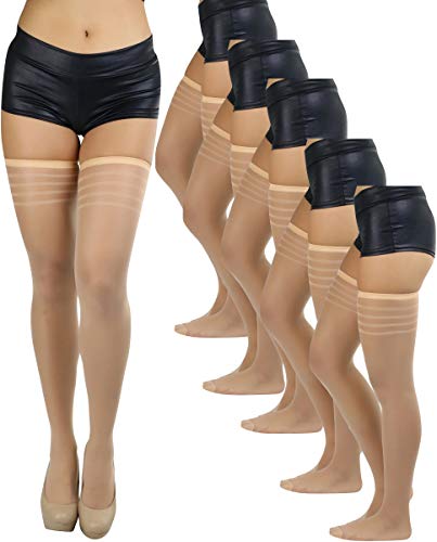 Image of ToBeInStyle Women's Pack of 6 Top Stripe Band Sheer Thigh High Stockings