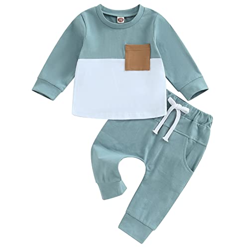 Image of TheFound 0-5T Newborn Baby Boy Clothes Color Block Pullover Sweatshirt Top Elastic Waist Pockets 2Pcs Warm Fall Winter Outfit