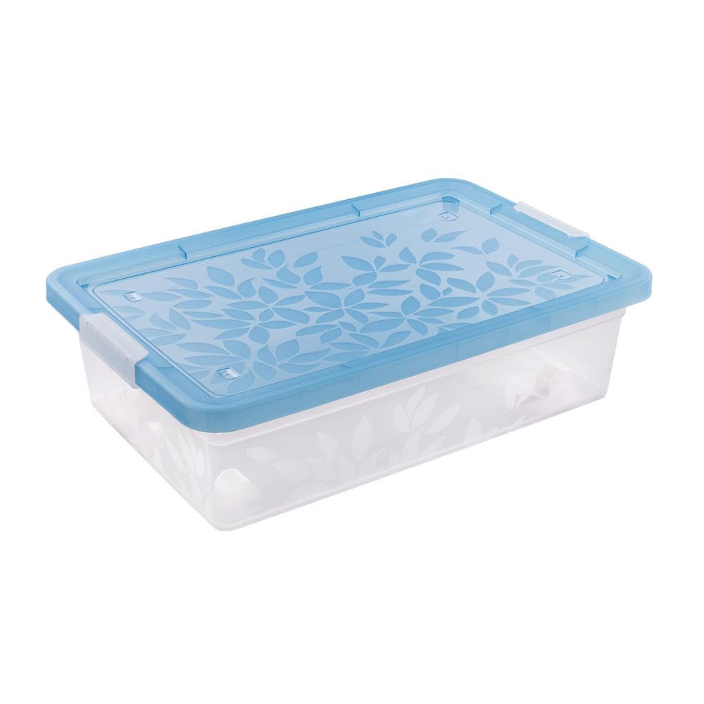 Underbed Storage Box Low Container With Secure Lid Clips 26L Plastic Organizer for Bedding Toys Shoes (Blue)