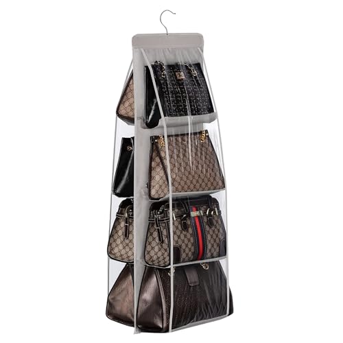 Image of Handbag Hanging Organizer for Wardrobe, 8 Pocket Purse Storage Hanger, Foldable Closet Organizer, Oxford Cloth Handbag Holder for Closet, Bedroom, Space Saving Bag Organizer (Grey)