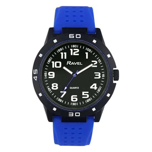 Ravel - Sportuhr für Herren mit schwarzem Gehäuse und farblich abgestimmter Lünette auf sportlichem Silikonarmband - Analoges Quarzwerk - RS004.06 - Blau