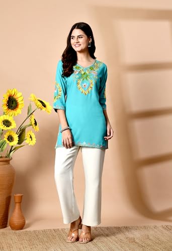 Image of LIBOZA Embroidered Kashmiri Tunic Top, Short Kurti for Women on Jeans, V-Neck, 3 /4 Sleeve, Floral Design,