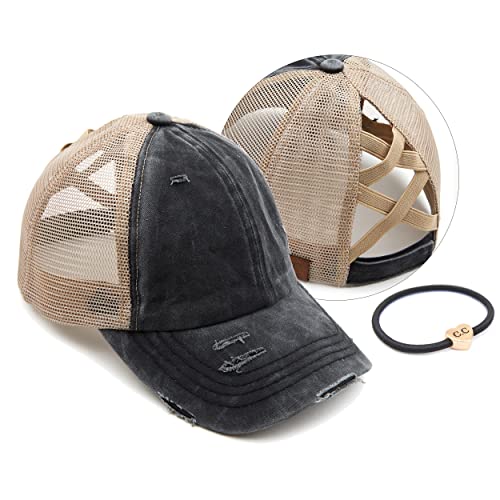 C.C Exclusives Washed Distressed Cotton Denim Criss-Cross Ponytail Hat Baseball Cap Bundle Hair Tie (BT-780) (Black/Beige)