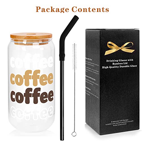 Anotion Iced Coffee Cup With Lids And Straw, Beer Can Glass With Bamboo Cover Metal Straw 20 Oz Reusable Drinking Glasses Tumbler For Travel Office Home Ice Coffee Tea Margaritas Soft Drinks Juice #TOP2