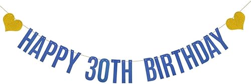 Betteryanzi - Cartel de feliz cumpleaños 30, pre-encordado, guirnalda de papel con purpurina azul para suministros de decoración de fiesta de