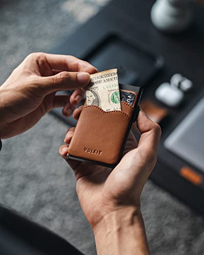 Image of VULKIT Credit Card Holder Minimalist Slim Pop Up Wallet with Leather Slots RFID Blocking for Men and Women Holds 7 Cards and Notes Brown
