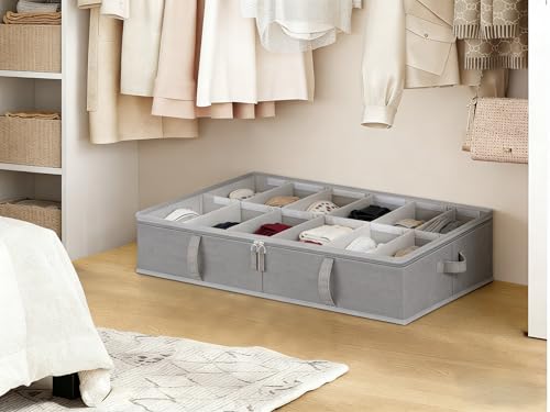 StorageWorks Shoe Organizer for Closet, Fits up to 24 Pairs, 2-Pack Ultra-thick Fabric Under Bed Shoe Storage Containers with Bottom Support and Adjustable Dividers, Grey