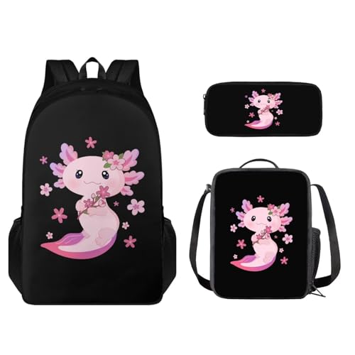Set zaino per bambini 3 pezzi leggero con borsa per il pranzo e astuccio coordinati Axolotl Flower - Nero e Rosa Taglia unica Set di zaini per la scuola
