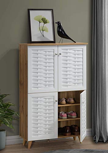 Image of DeckUp Plank Bei 4 Door Engineered Wood Shoe Rack with Wooden Legs (Wotan Oak and White, Matte Finish) 34D x 77W x 124H Cm