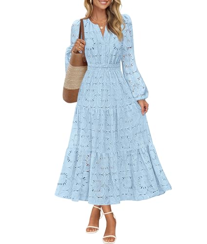 MEROKEETY Women's Fall Long Sleeve Floral Maxi Dress Lace Eyelet Hollow Out Tiered Boho Wedding Guset Dresses Pockets, Blue, Medium