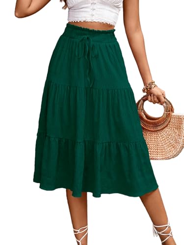 Women's Casual Summer Skirts Boho High Elastic Waisted Flowy Drawstring Ruched A Line Tiered Midi Dress Skirt