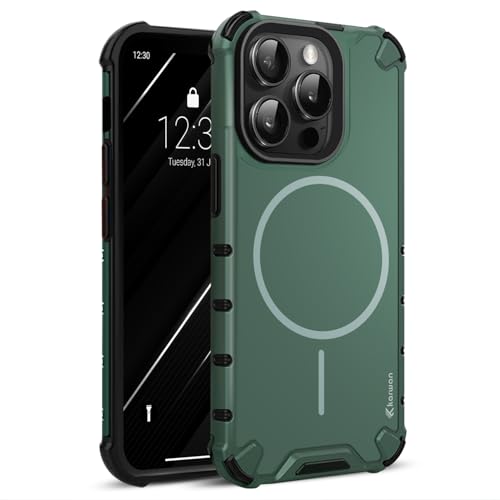 Image of KARWAN Tough Shockproof Back Case Cover Compatible with iPhone 14 Pro Max Dual Layer Armor Protection with Matt Finish Edge Guard Bumper Heavy Duty Cover with Magnetic MagEase Wireless Charging(Green)