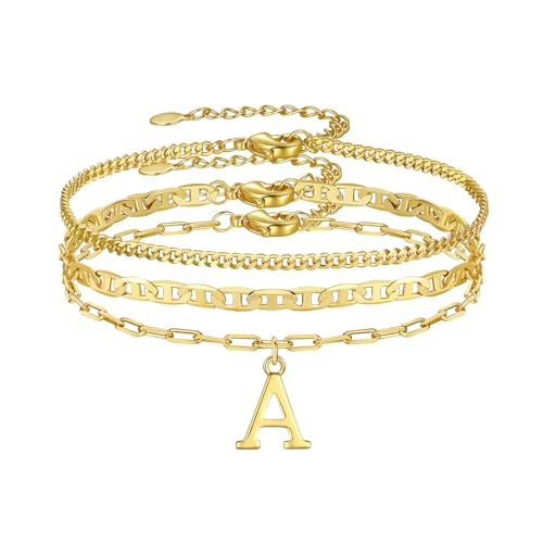 Gold Initial Bracelets for Women Gifts - Dainty 14K Gold Plated Layered Letter Bracelet Set Trendy Personalized A-Z Bracelets Jewelry Gifts for Her