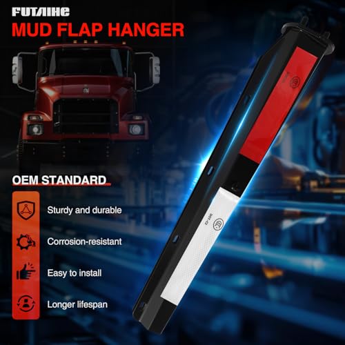 Image of Black Straight Spring Loaded Mud Flap Hanger with Reflective Strip Sticker Bracket Heavy Duty Mudflap Holder Set for Semi Trucks 2-1 /2 inch Bolt Spacing 29.5 inch Length (2pcs)