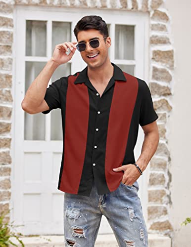 Coofandy Mens Summer Shirts Vintage Short Sleeve Button Up Shirts Hawaiian Bowling Shirts Black Red #TOP2