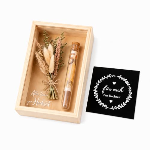 Geldgeschenk Hochzeit Set Holzbox Trockenblumen Geschenk für Brautpaar | Stilvolles 4-teiliges Set aus Holzbox, Glasröhrchen & Trockenblumen...