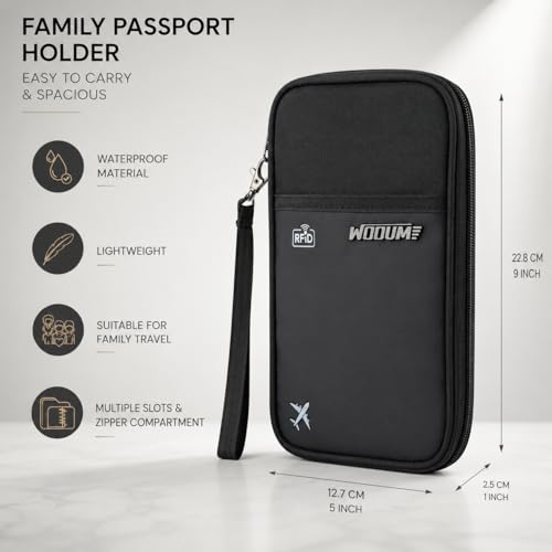 Image of Wooum Unisex Polyester Passport Bag Passport Wallet with Boarding Pass Bag Travel Document Holder Passport Organizer with Credit Card Case Travel Accessory Bag (Grey.Black)