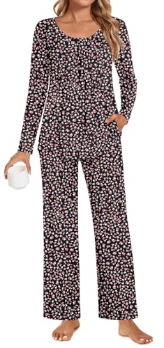 POPYOUNG Plus Size Ladies Pyjamas 2 Piece Pjs for Women Sets Fall-Winter Long Sleeve Lounge Sets Long Pants Sleepwear XL, Black-Floral