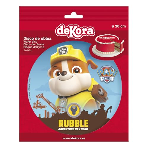 dekora - Tortendeko für Kindergeburtstage - Essbarer Tortenaufleger Paw Patrol Rubble 20 cm Diameter - Cake Topper aus Esspapier - Glutenfrei, Laktosefrei, Ohne Zuckerzusatz - Für Vegetarier Geeignet