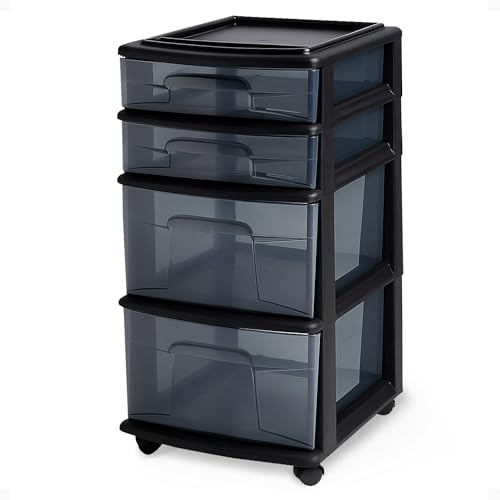 HOMZ Drawer Tower, 4-Tier Clear Plastic Storage Organizer Cart, Black Frame - Rolling Drawer Containers with Wheels for Bathroom, Bedroom, Office, and Classroom Organization by HOMZ - Used condition - US$41.02