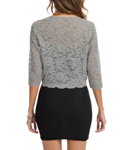 Image of MINTLIMIT Women's Elegant Floral Lace Shrug Bolero Summer Lightweight 3 /4 Sleeve Hook Open Front Cropped Cardigan for Dresses