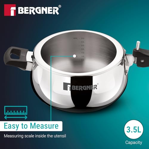 Image of Bergner Shouraya Triply Stainless Steel 3.5 Litres Inner Lid Pressure Cooker, Belly Shape, Faster and Even Heat Distribution, Healthy Cooking, ISI-Certified - Induction and Gas Stove Ready