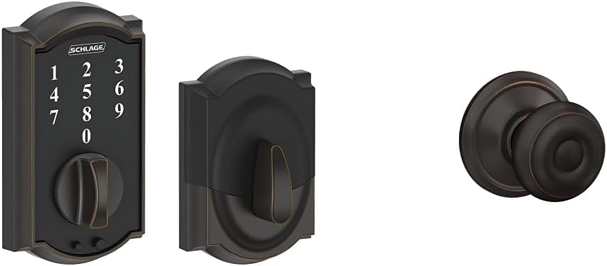 SCHLAGE BE375 CAM 716 Camelot Touch Deadbolt, Aged Bronze & F10 GEO 716 Georgian Door Knob, Hall & Closet Passage Lock, Aged Bronze